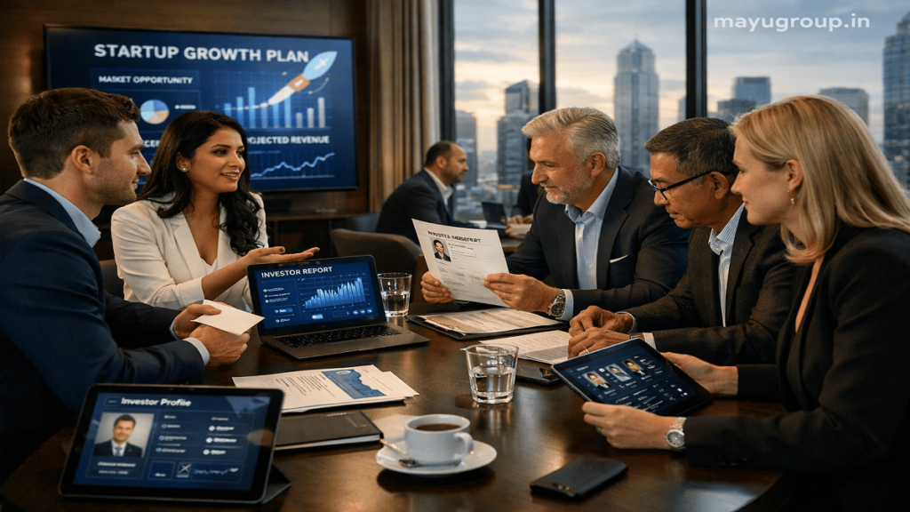 Business professionals reviewing investor profiles and discussing investment opportunities during a corporate meeting in a modern office environment.