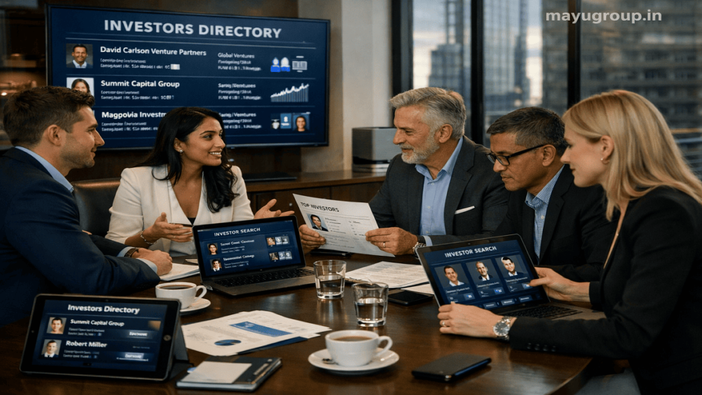 Business professionals using an investors directory to identify funding opportunities and connect with potential investors in a modern corporate office.