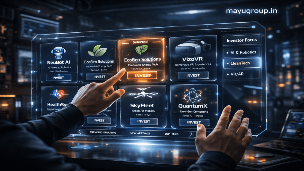 Futuristic holographic pitch deck listing platform with startup profiles floating in a digital workspace controlled by hand gestures.
