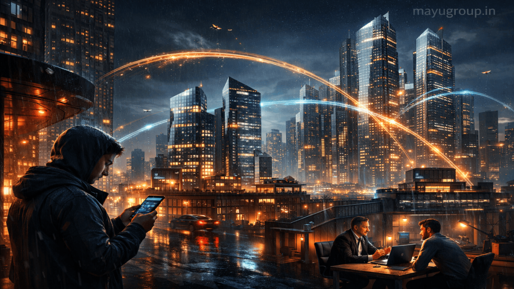 A futuristic cityscape showing different investor types such as retail, angel, venture capital, and institutional investors connected through glowing financial networks.