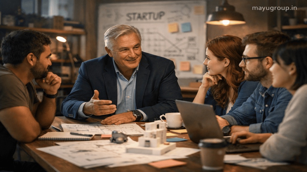 An angel investor advising a small startup team gathered around a table with laptops, notes, and product sketches in a creative office.