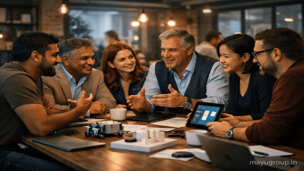 Domestic investors and startup founders collaborating in a co-working space with laptops, documents, and product prototypes on the table.