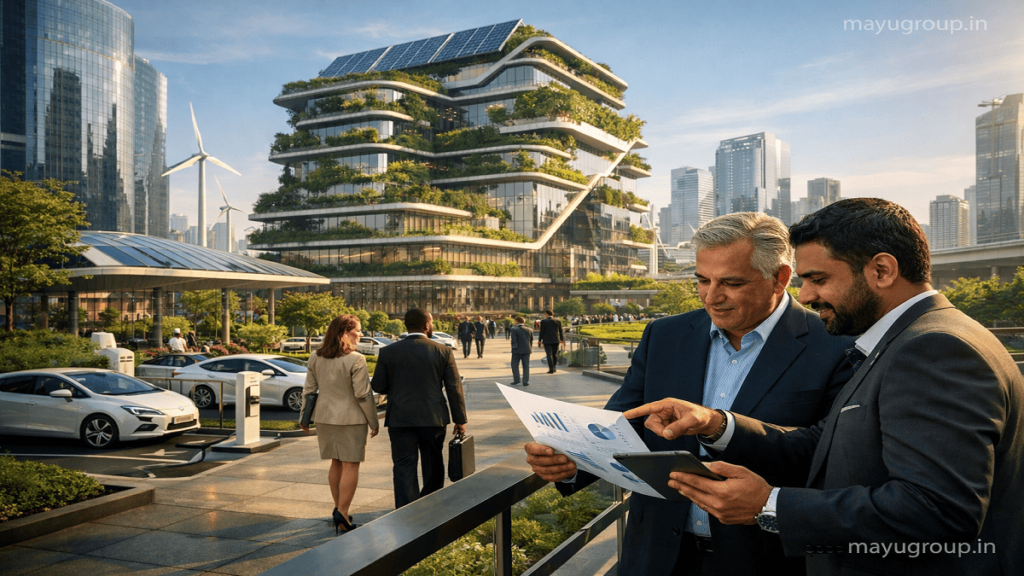 Business professionals and ESG investors discussing sustainable investment strategies in a modern corporate office with green buildings and renewable energy infrastructure in the background.