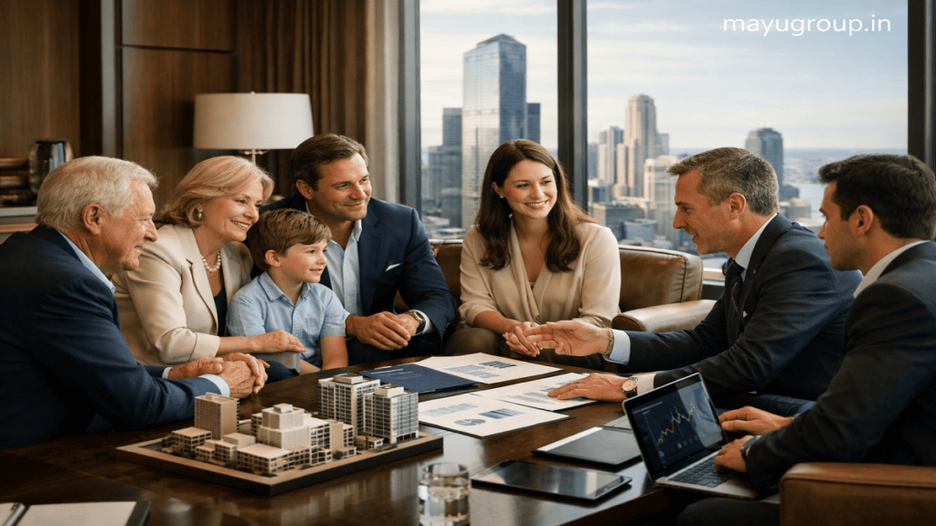Professional wealth managers and affluent family members discussing investment strategies in a modern family office with financial reports and a city skyline in the background.