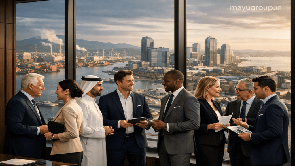 International business investors discussing cross-border investment opportunities in a modern corporate office with a global financial skyline in the background.