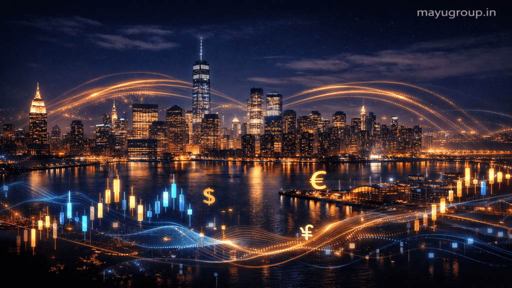 Nighttime global city skyline with glowing financial buildings and flowing light streams representing international hedge fund capital movement.