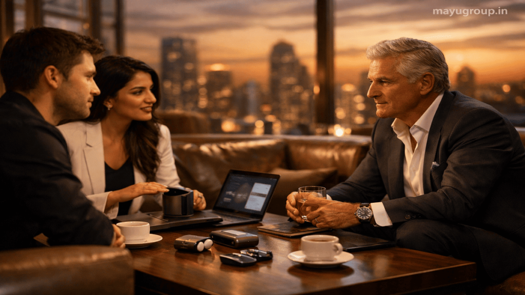 A High Net Worth Investor meeting startup founders in a luxury lounge discussing venture capital investment with laptops and pitch materials