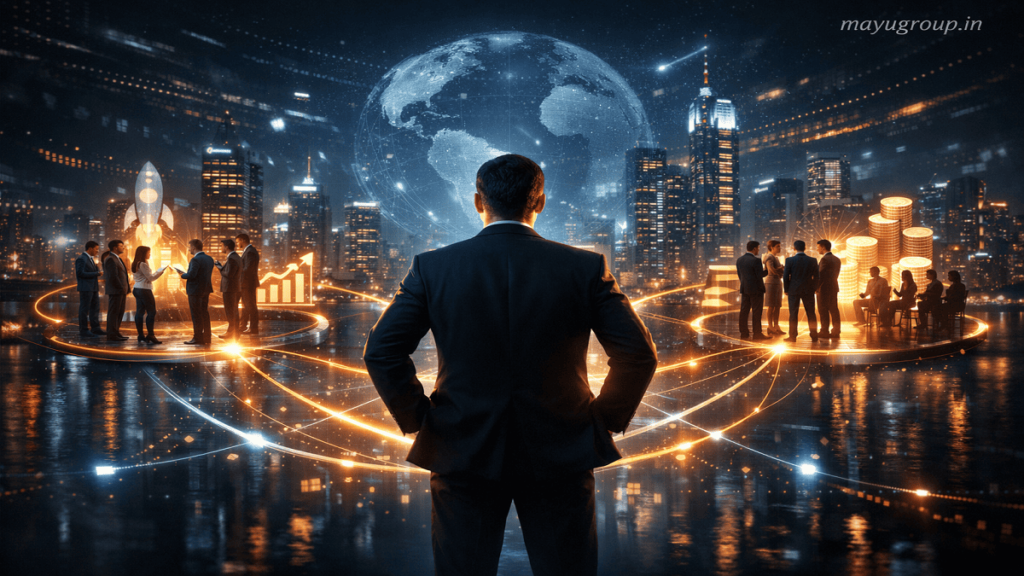 A conceptual visual of a lead investor connecting startups and investors across a futuristic global financial cityscape.
