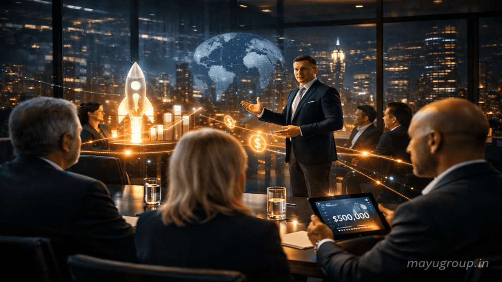 Passive investors participating quietly in a startup funding round while a lead investor guides decision-making in a boardroom.