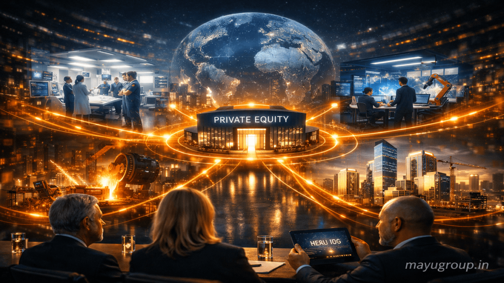 Global private equity network connecting healthcare, technology, manufacturing, and real estate sectors through financial transformation flows.