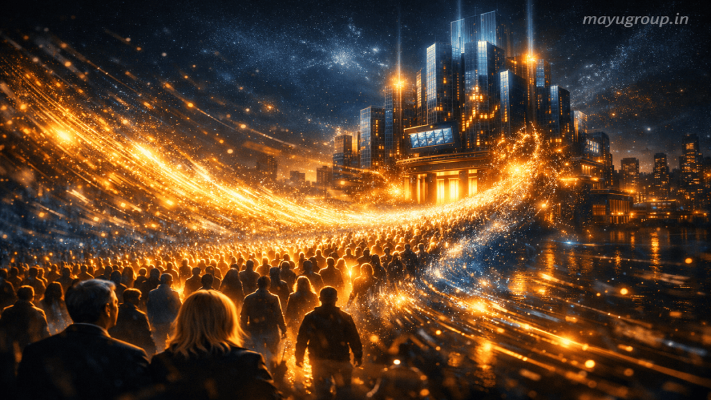 A symbolic cinematic image showing glowing human silhouettes forming a wave of energy moving toward a large abstract digital financial structure.