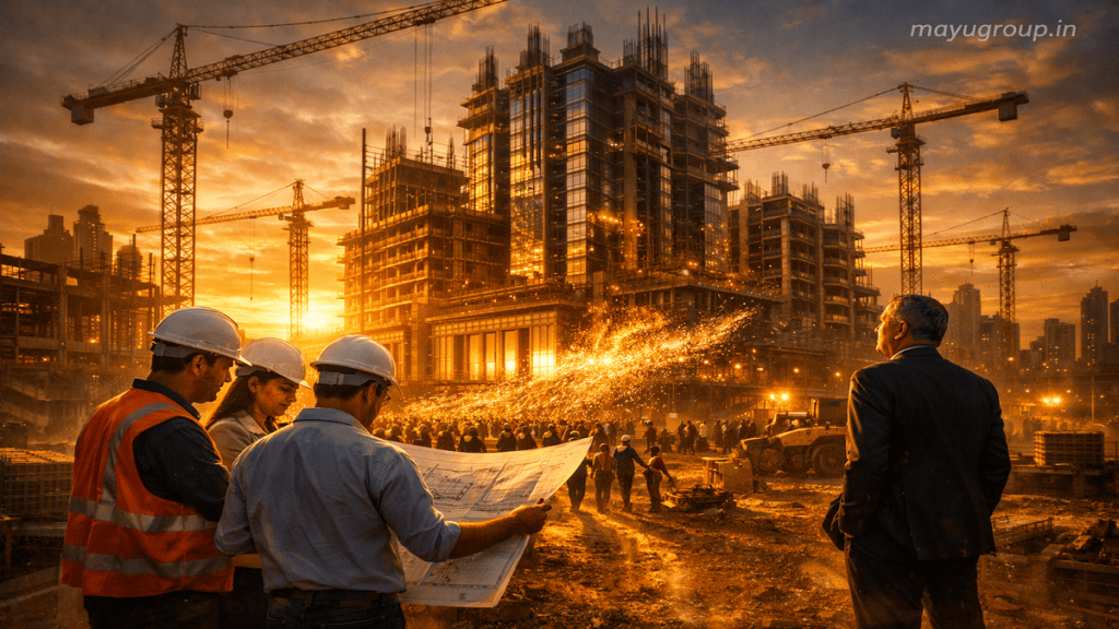 A real estate construction site with developers managing plans while a silent investor observes the project independently in the foreground.