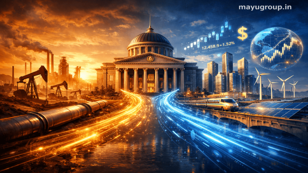 A symbolic cinematic scene showing natural resource wealth transforming into global financial assets, infrastructure, and modern economic development through sovereign wealth fund investments.
