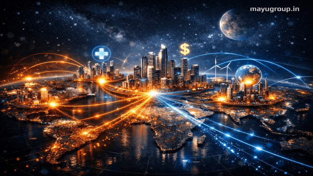 A futuristic 3D global network showing interconnected business hubs, glowing connection lines between industries like technology and finance, with “mayugroup.in” placed in the top right corner.