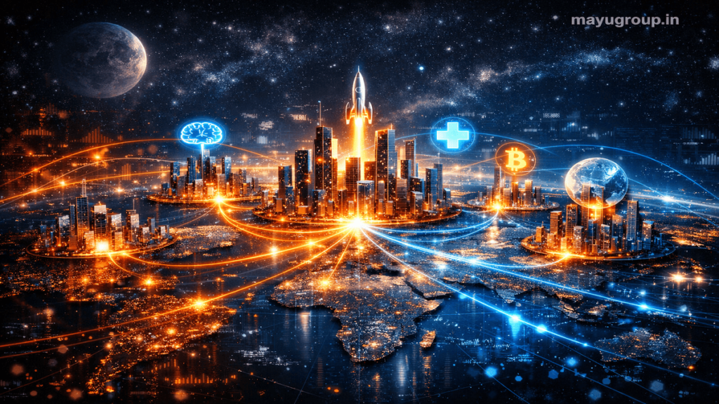 A futuristic global digital network showing glowing interconnected nodes representing startups and investors across industries, with a “mayugroup.in” watermark in the top right corner.