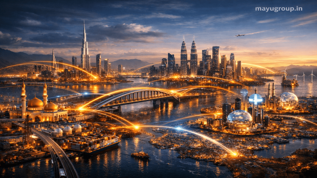 A wide cinematic view of global cities connected by glowing financial networks supporting infrastructure projects like bridges, highways, and energy plants representing Islamic finance ecosystems.