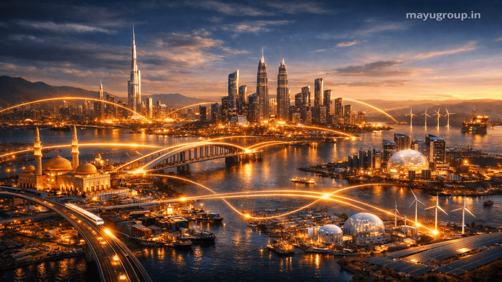 A wide cinematic view of global infrastructure and cities connected by glowing financial pathways representing ethical Islamic fund investments across industries.A futuristic visualization of ethical Islamic funds driving global development through infrastructure, renewable energy, and fintech ecosystems.