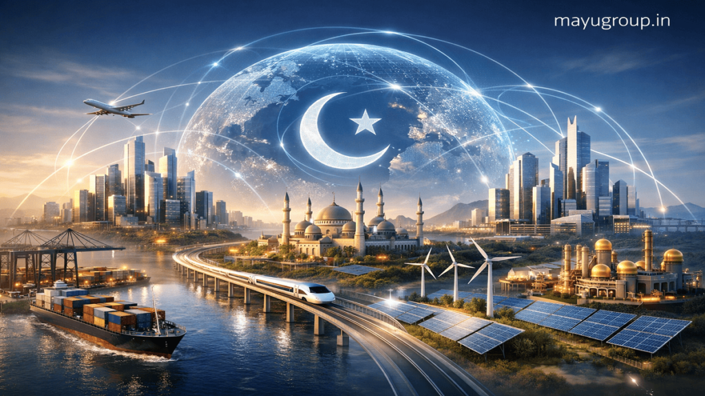 A futuristic visual of global cities connected through digital finance networks representing halal investment, with “mayugroup.in” in the top-right corner.