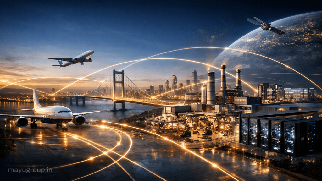 A futuristic global Islamic asset finance network showing aircraft, factories, and infrastructure connected with a “mayugroup.in” watermark in the bottom-left corner.