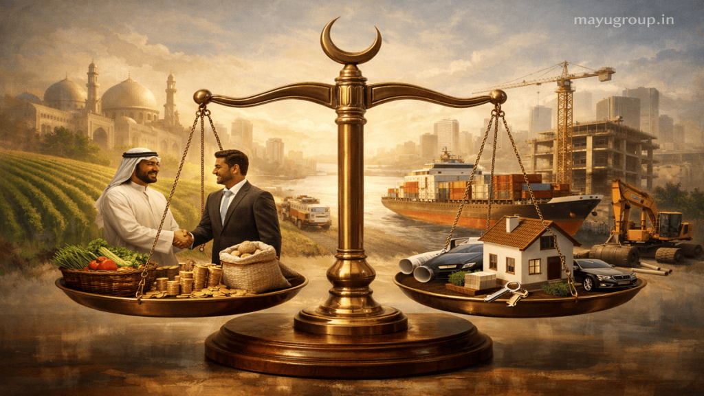 A conceptual financial illustration showing a balanced scale, business partnerships, agriculture, trade, and infrastructure assets representing Islamic banking principles of fairness and shared risk.