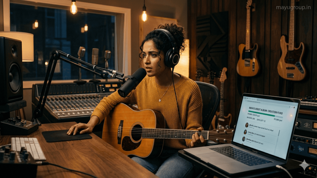A musician recording music in a professional studio while viewing a crowdfunding campaign on a laptop showing supporter activity and funding progress.