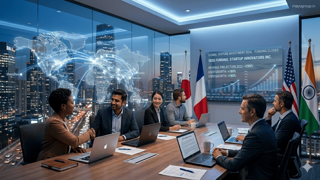 Global Venture Capital. International venture capital investors and startup founders meeting in a modern office, discussing global investment opportunities and business growth with digital world maps in the background.