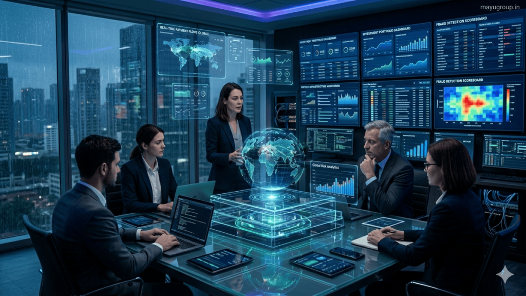 Analysts monitoring global digital banking transactions and investment dashboards in a futuristic financial control room.
