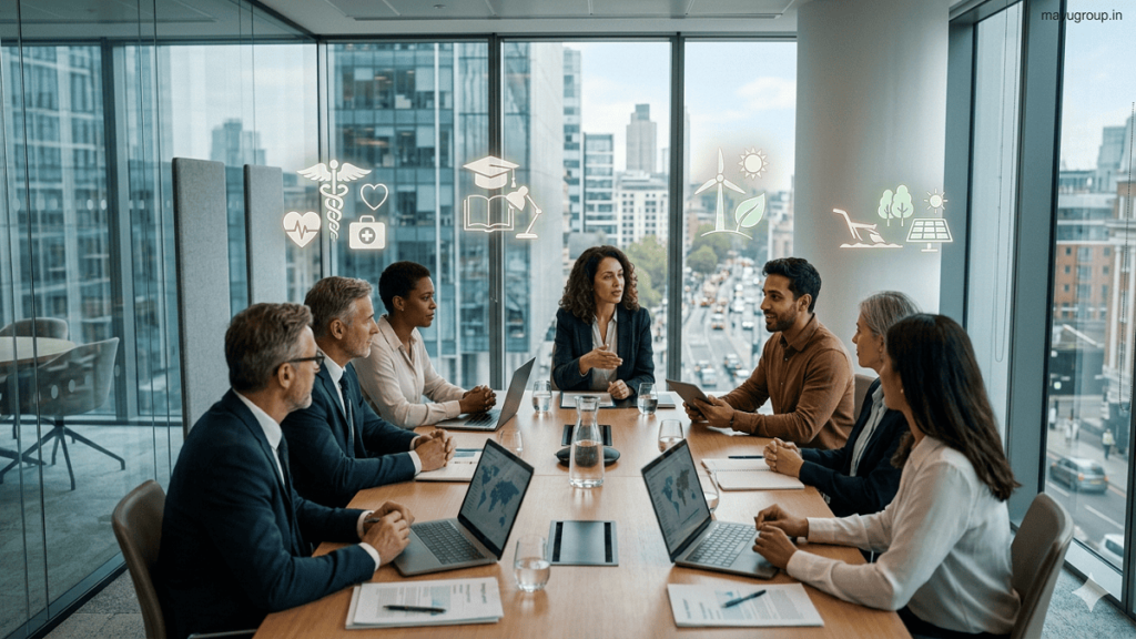 Social Enterprise Funding. Investors and social entrepreneurs discussing funding strategies in a modern boardroom with abstract visuals of healthcare, education, and clean energy projects.