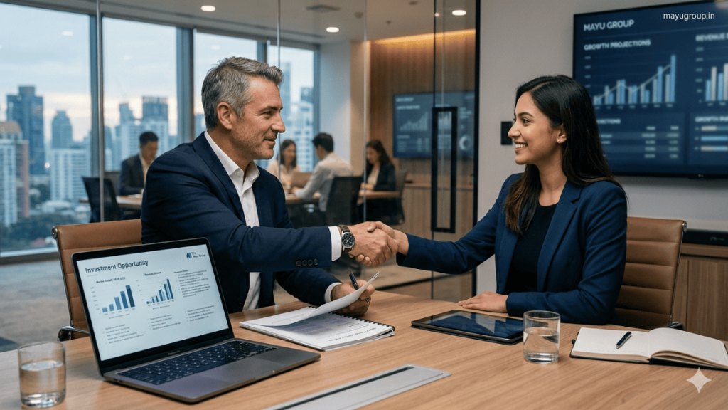 A startup founder presenting a pitch deck to an angel investor in a modern office setting with documents and laptop on the table.