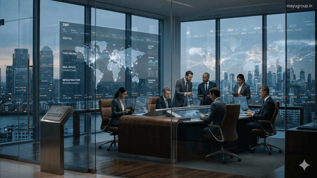 A modern sovereign wealth fund headquarters with professional investment managers analyzing global financial markets and diversified investment portfolios on digital displays.