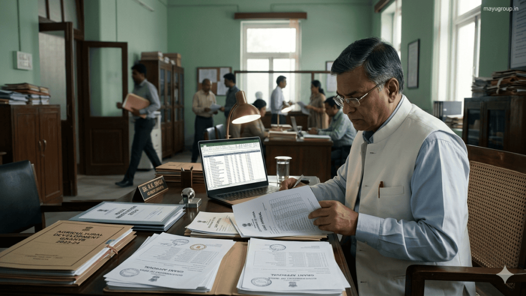 Government & Grants. Government official reviewing grant documents in a professional office setting with files, laptop, and approval paperwork under evaluation.