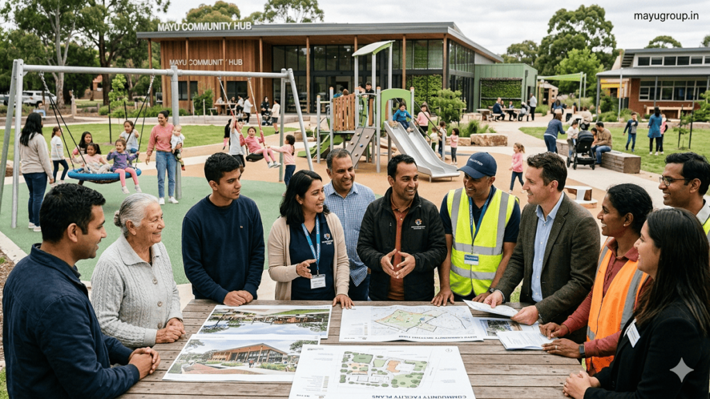 Community members, nonprofit leaders, and volunteers collaborate near a newly developed public facility funded through community initiatives.