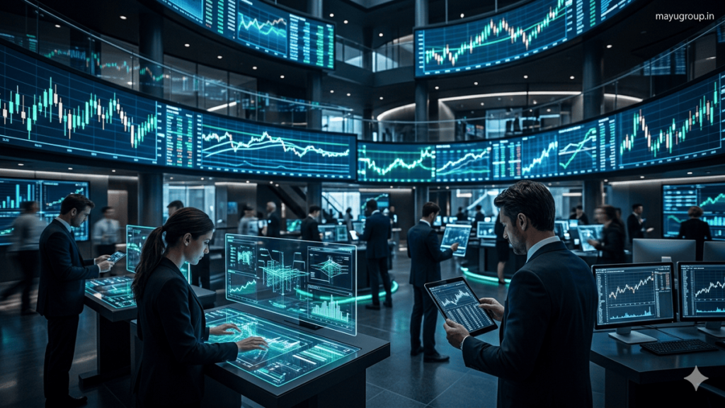 Investment Marketplace. A futuristic trading floor with glowing digital screens, holographic financial dashboards, and professionals analyzing market data in a high-tech investment environment.