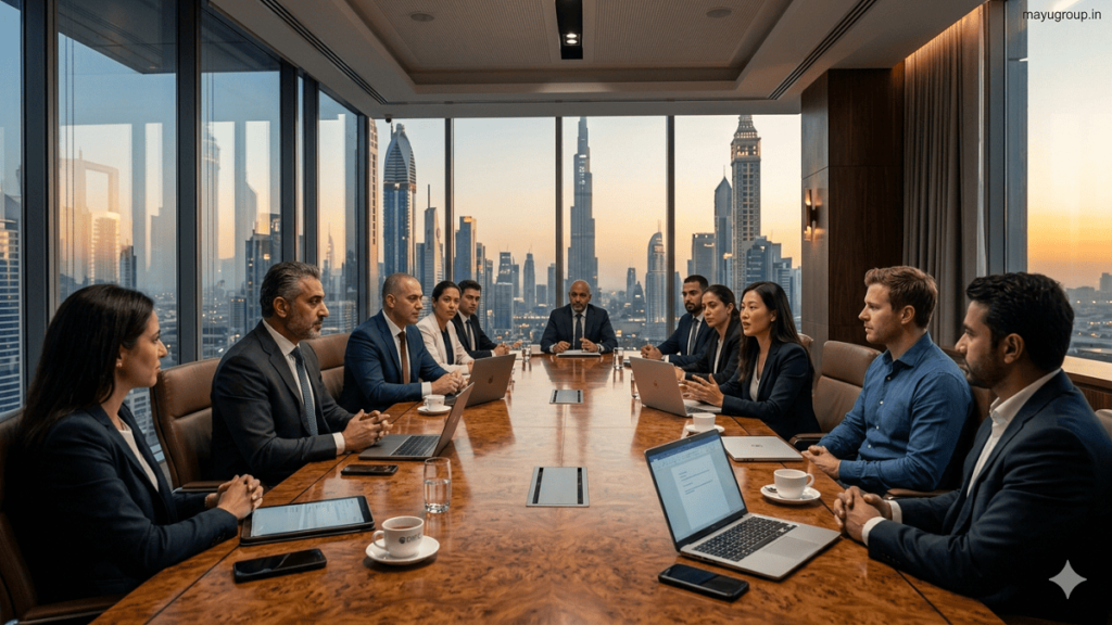 Middle East Funding. International investors and executives discussing funding in a luxury Middle East boardroom with skyline at sunset.