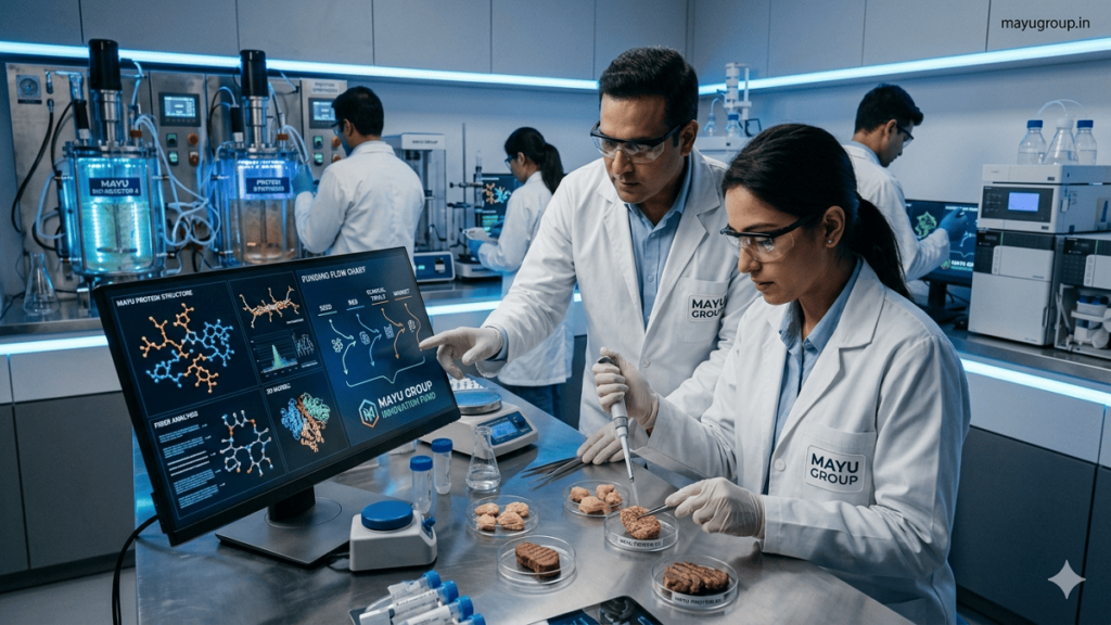 Scientists working in a futuristic laboratory developing alternative protein samples using bioreactors and digital screens.