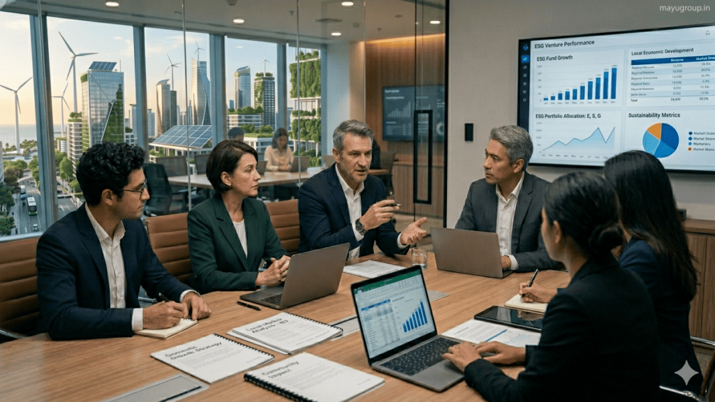 Business professionals and ESG investors discussing sustainable investment strategies in a modern corporate office with green buildings and renewable energy infrastructure in the background.