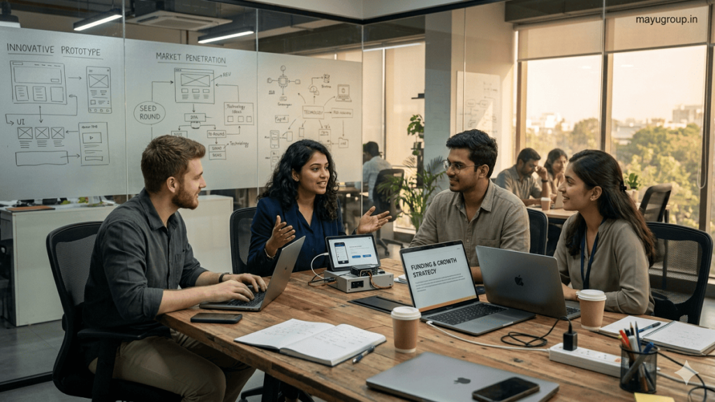 Innovation Grants. A startup team in a modern workspace presenting a product prototype while discussing innovation funding and development ideas.