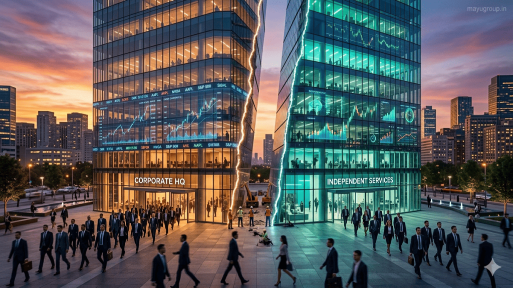 A corporate headquarters visually splitting into two separate buildings representing a business spin-off and company restructuring.