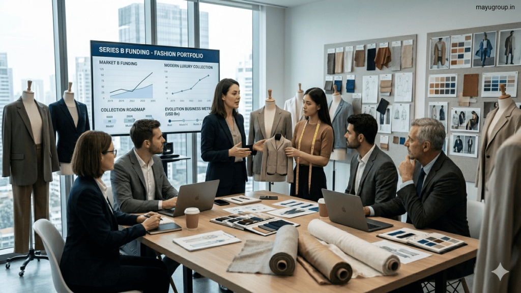 Fashion designers and investors reviewing clothing designs, fabrics, and funding charts in a modern studio workspace.