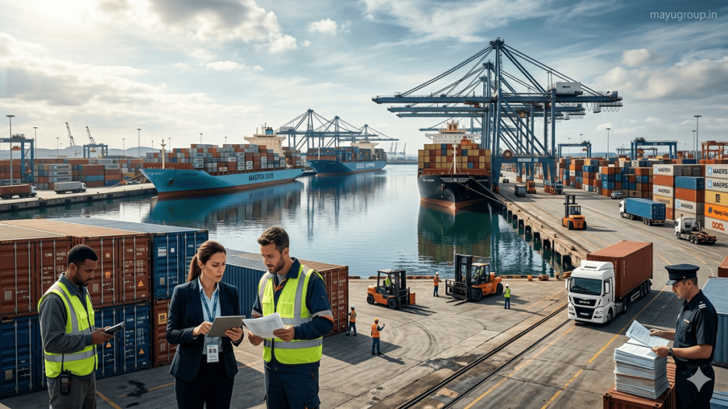 Import Assistance. A busy international seaport with cargo ships, cranes unloading containers, and logistics professionals reviewing import documents near stacked containers.