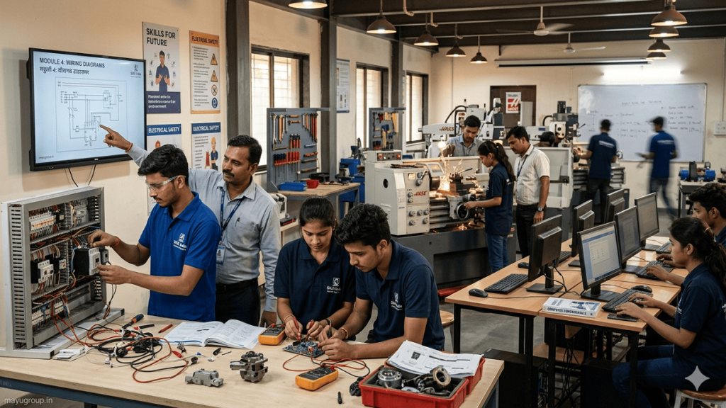 Skill Development Funding. Students and trainers engaged in hands-on vocational training inside a modern skill development center with practical tools and digital learning support.
