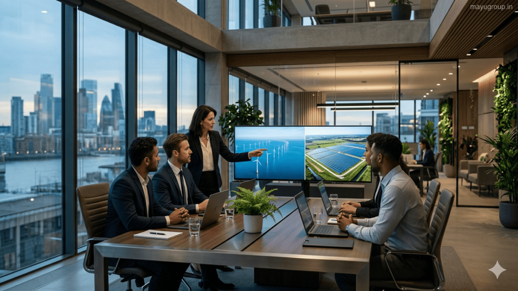 Green Financing. Corporate professionals analyzing sustainable investment data in a modern office with digital screens showing renewable energy projects like wind and solar farms.