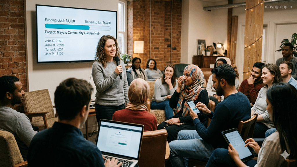 A community gathering where a person presents a peer funding campaign on a digital screen while others contribute using smartphones and laptops.