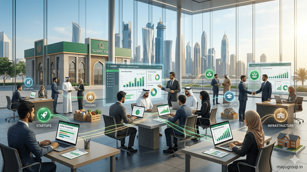 A futuristic digital financial platform showing Islamic crowdfunding where investors fund startups, housing, education, and agriculture through an online system with connected real-world projects.