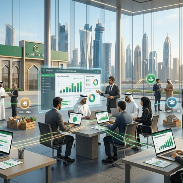 A futuristic digital financial platform showing Islamic crowdfunding where investors fund startups, housing, education, and agriculture through an online system with connected real-world projects.