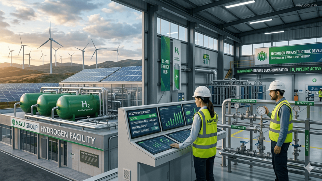 A futuristic hydrogen energy plant with engineers operating electrolysis systems, wind turbines, and solar panels representing clean energy funding and industrial transformation.
