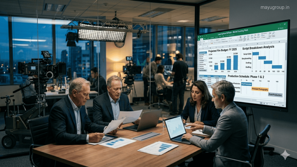 Entertainment Funding. Film production team reviewing funding charts, budget plans, and script breakdown in a modern studio with professional equipment.