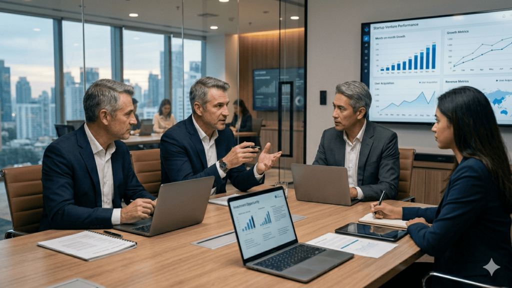Corporate investors in a modern boardroom analyzing startup investment data on laptops and screens during a strategy discussion.