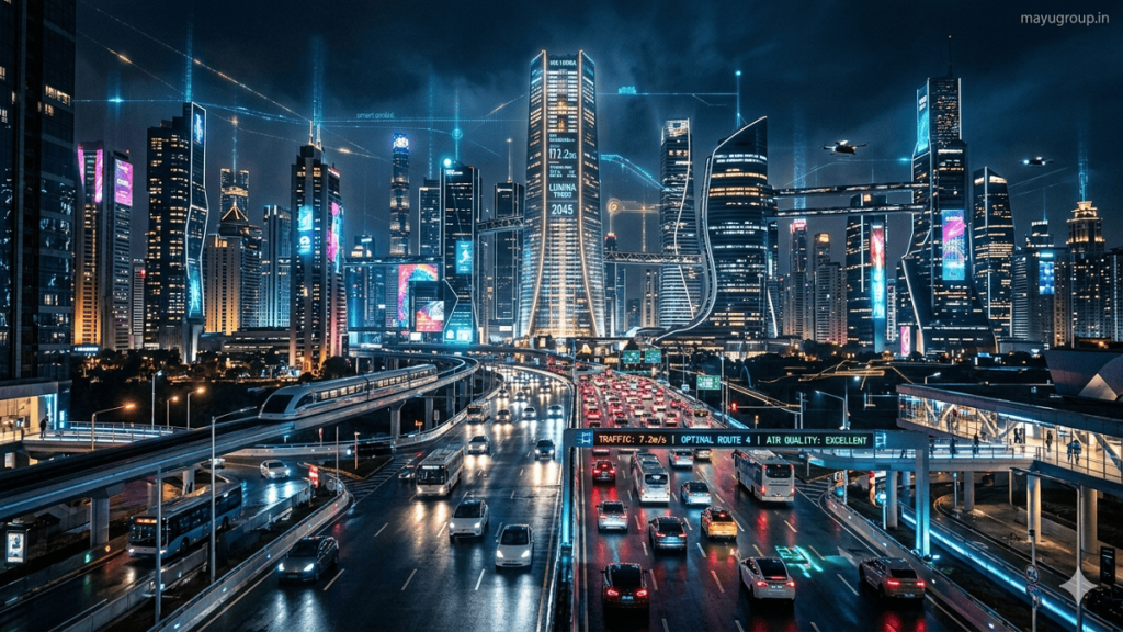 Smart City Grants. A futuristic smart city skyline at night with glowing skyscrapers, smart roads, and digital connectivity lines, with “mayugroup.in” in the top-right corner.
