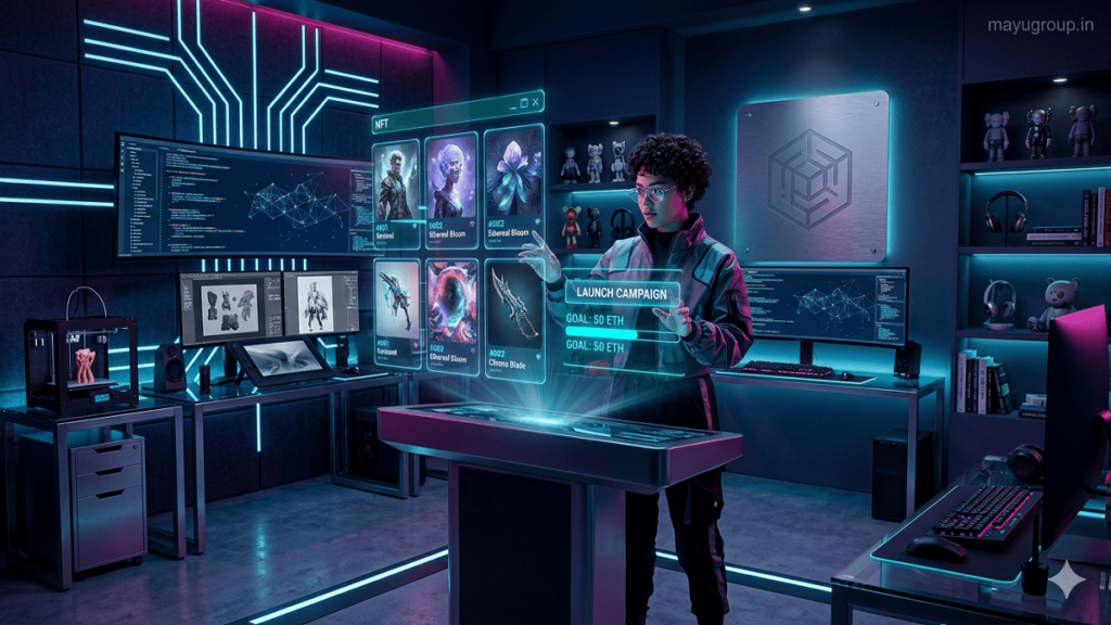 A digital artist creating NFT artwork in a futuristic studio with holographic screens showing blockchain-based crowdfunding assets.